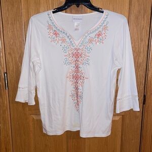 Alfred Dunner White Studded Top with Peach & Green Embroidery